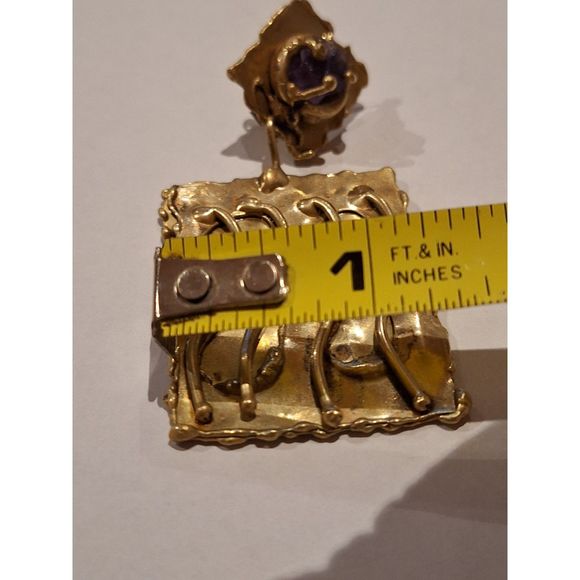 Brutalist Designer Handmade Clip On Earrings Brass and Raw Amethyst Ernandes - Picture 15 of 16